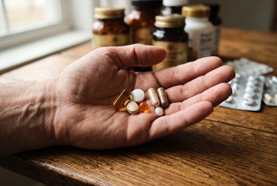 Hand voller Tabletten und Kapseln – Nahrungsergänzung ohne spürbaren Effekt